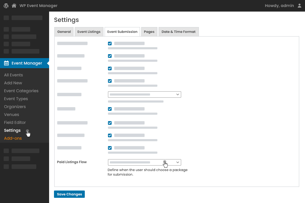 Admin Event Submission Settings